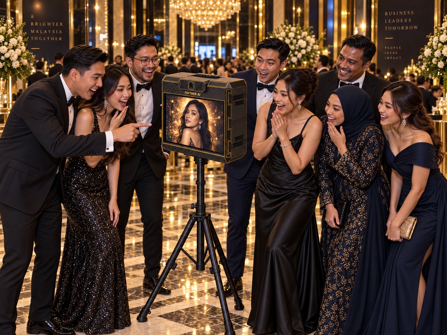 AI concept scene of a crowd of dinner guests pointing at the FAYTHER AI screen and reacting with delight