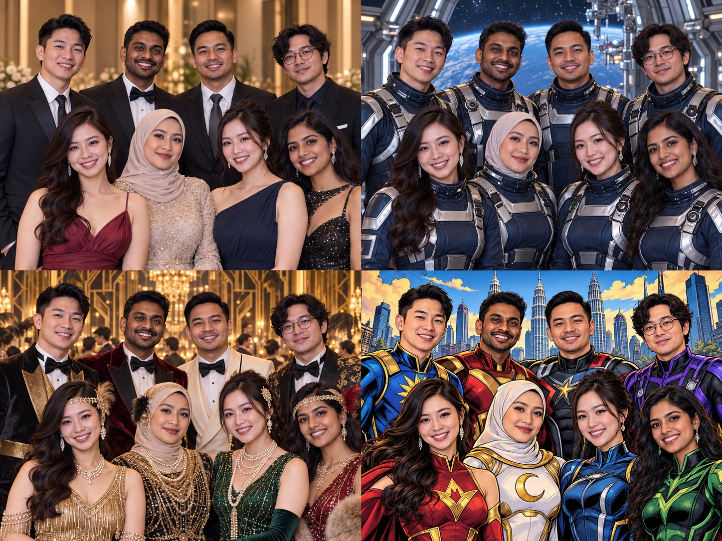 Concept group photo of eight dinner guests before transformation